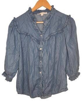 Y2K Chambray Ruffle Blouse Stella + Ginger Prairie Coquette Top Small